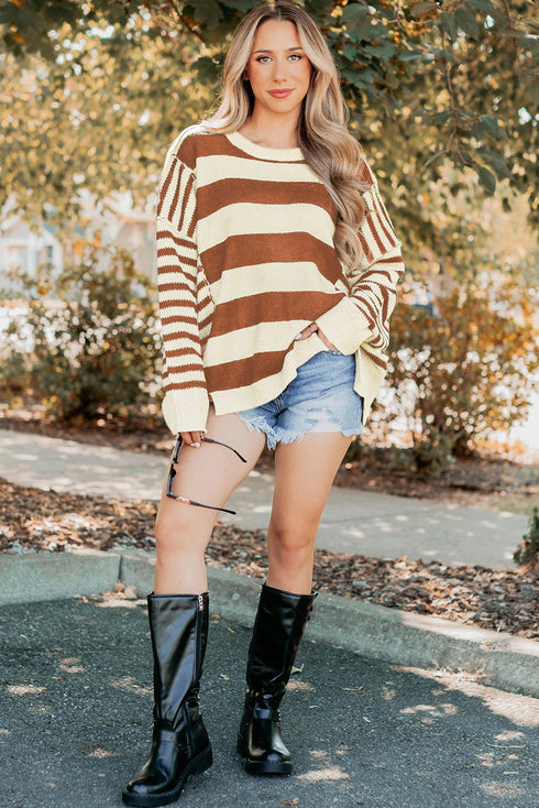 Relaxed Striped Exposed Seam Crew Neck Sweater
