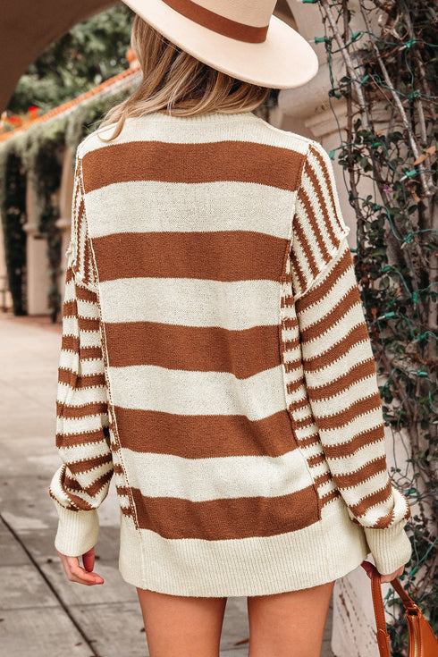 Relaxed Striped Exposed Seam Crew Neck Sweater