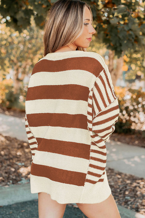 Relaxed Striped Exposed Seam Crew Neck Sweater
