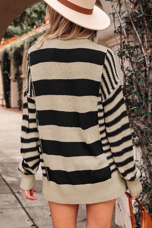 Relaxed Striped Exposed Seam Crew Neck Sweater