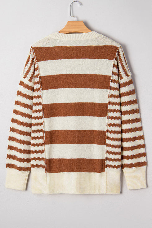 Relaxed Striped Exposed Seam Crew Neck Sweater