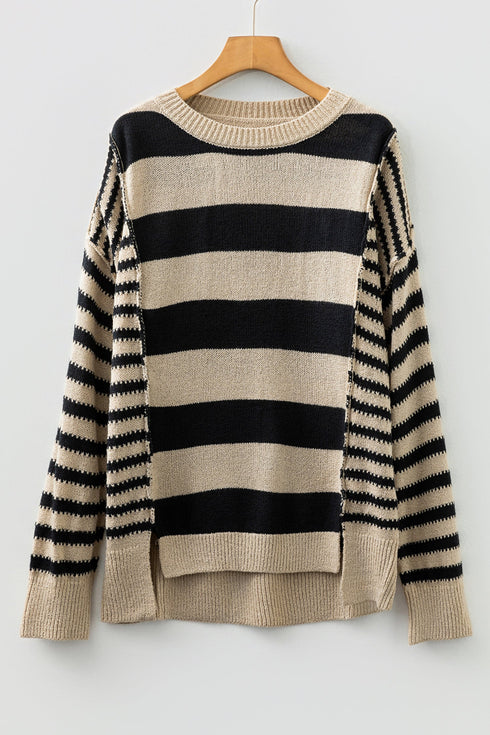 Relaxed Striped Exposed Seam Crew Neck Sweater