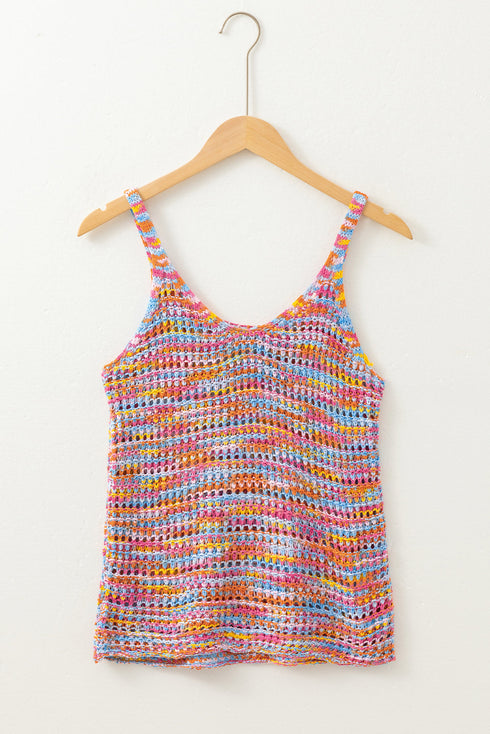 Relaxed Striped Open Knit Crochet V Neck Top