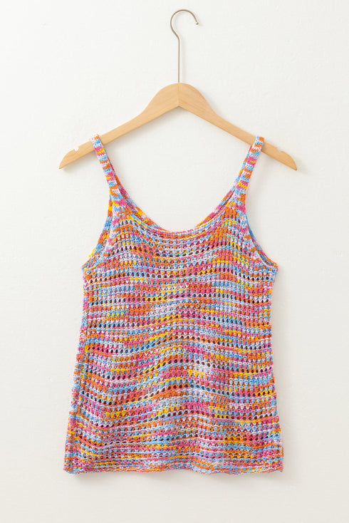 Relaxed Striped Open Knit Crochet V Neck Top