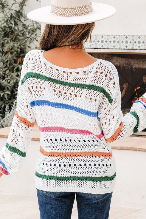 Relaxed Striped Open Knit Pullover Sweater