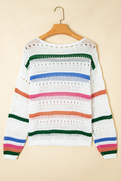 Relaxed Striped Open Knit Pullover Sweater