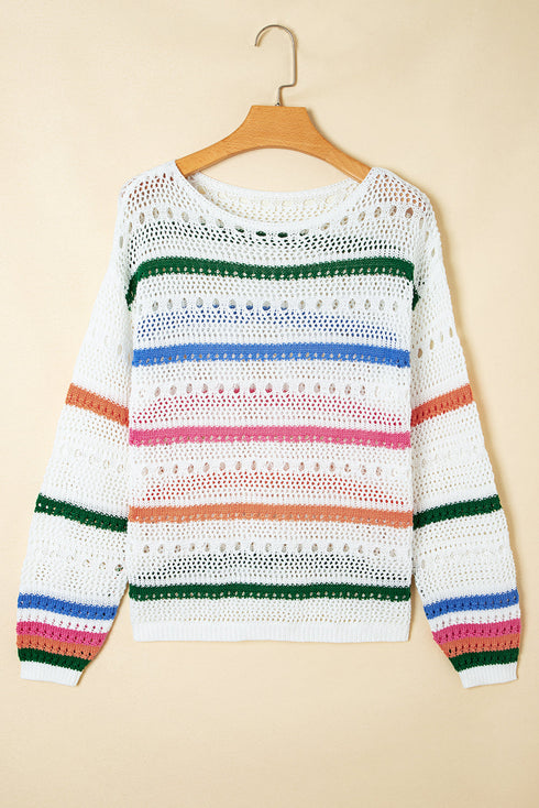 Relaxed Striped Open Knit Pullover Sweater