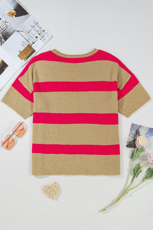 Relaxed Striped Rolled Hem Short Sleeve Sweater