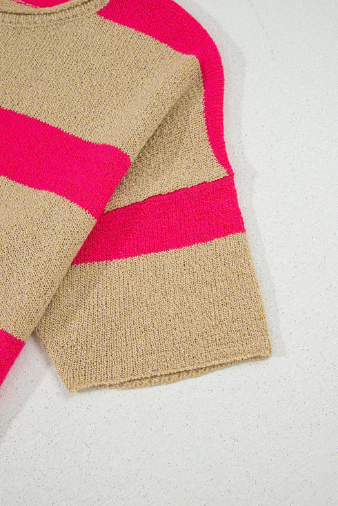 Relaxed Striped Rolled Hem Short Sleeve Sweater