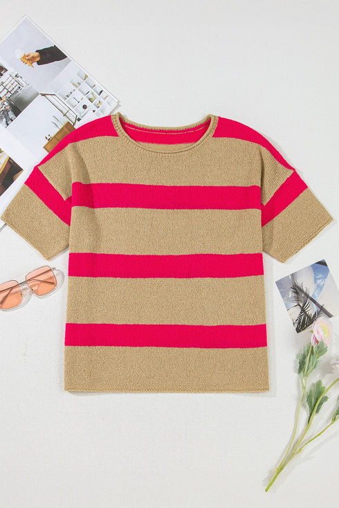 Relaxed Striped Rolled Hem Short Sleeve Sweater