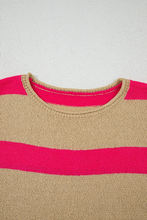 Relaxed Striped Rolled Hem Short Sleeve Sweater