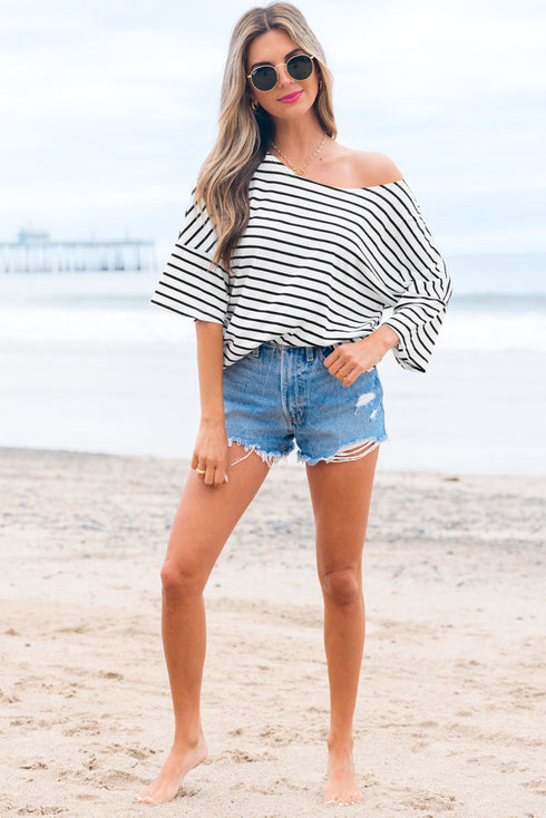 Relaxed Striped Scoop Neck Half Sleeve Soft Knit Top