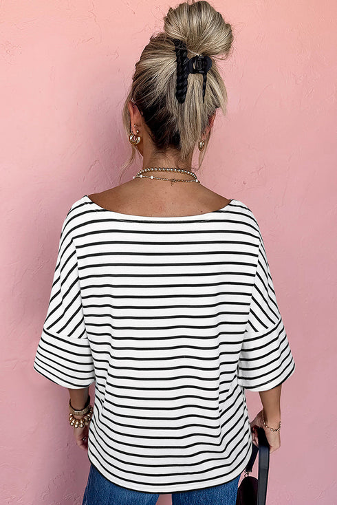 Relaxed Striped Scoop Neck Half Sleeve Soft Knit Top