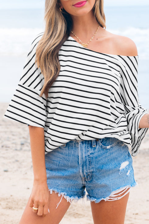 Relaxed Striped Scoop Neck Half Sleeve Soft Knit Top