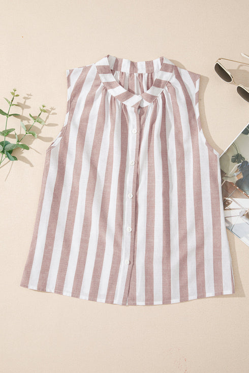 Relaxed Striped Sleeveless Button Front Collared Shirt