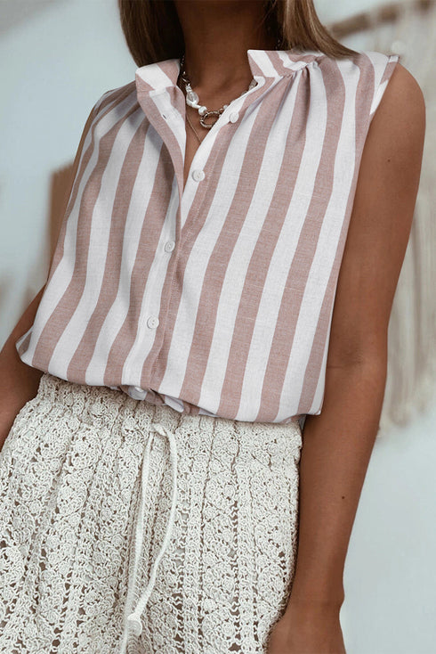 Relaxed Striped Sleeveless Button Front Collared Shirt
