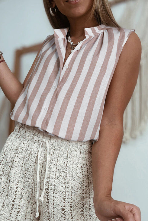 Relaxed Striped Sleeveless Button Front Collared Shirt