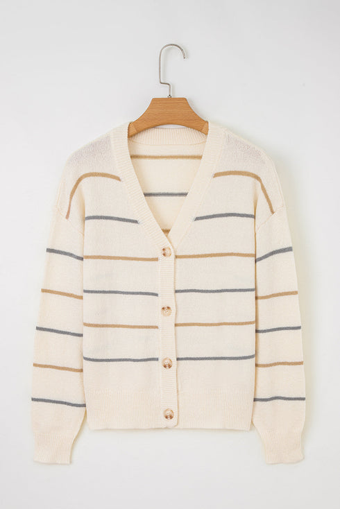 Relaxed Striped V Neck Button Front Cardigan