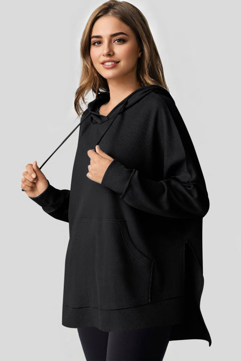 Relaxed Textured Waffle Knit Kangaroo Pocket Hoodie