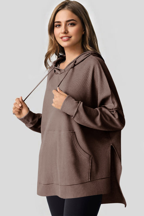 Relaxed Textured Waffle Knit Kangaroo Pocket Hoodie