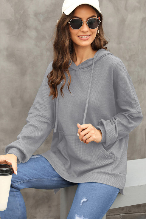 Relaxed Textured Waffle Knit Kangaroo Pocket Hoodie