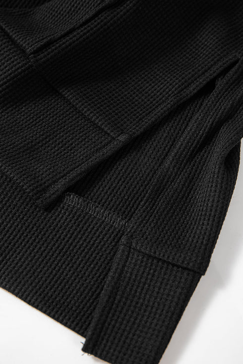 Relaxed Textured Waffle Knit Kangaroo Pocket Hoodie