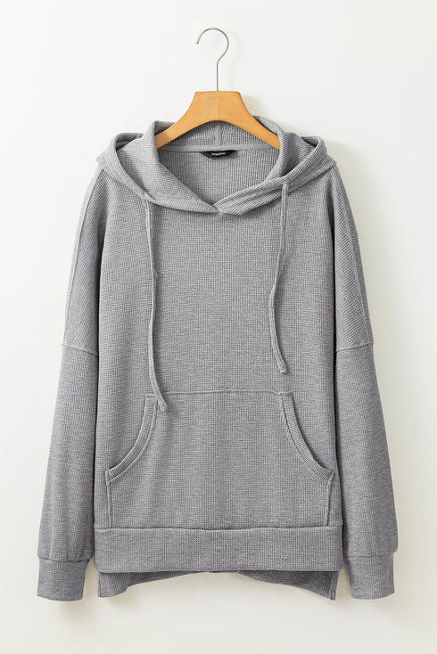 Relaxed Textured Waffle Knit Kangaroo Pocket Hoodie
