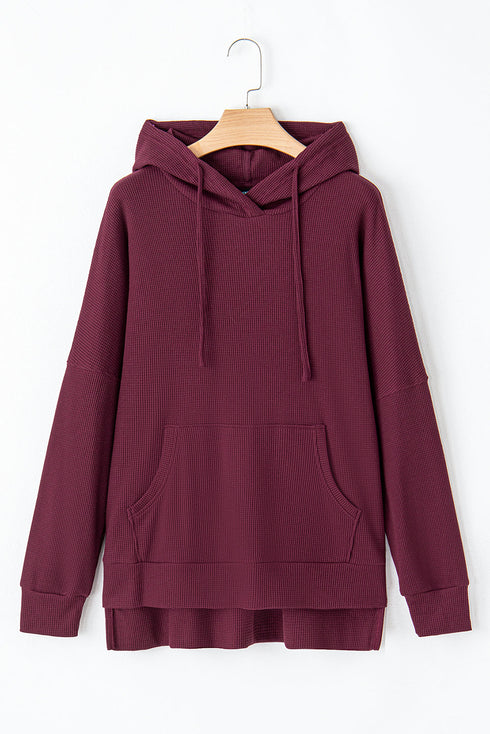 Relaxed Textured Waffle Knit Kangaroo Pocket Hoodie