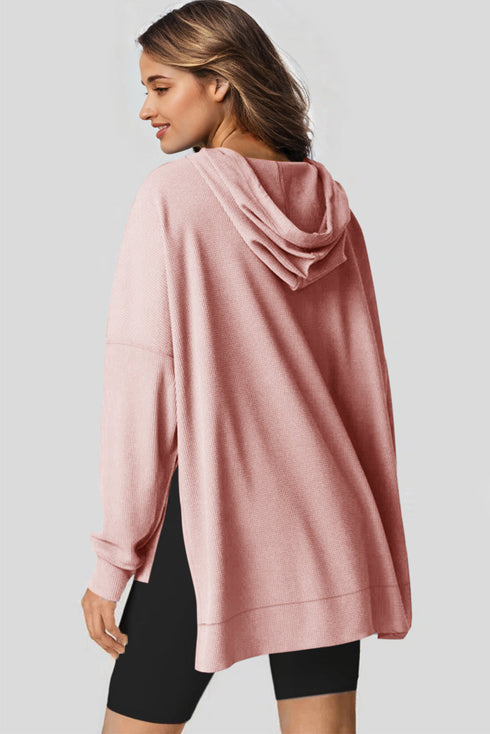 Relaxed Textured Waffle Knit Kangaroo Pocket Hoodie