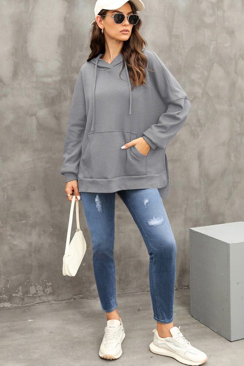 Relaxed Textured Waffle Knit Kangaroo Pocket Hoodie