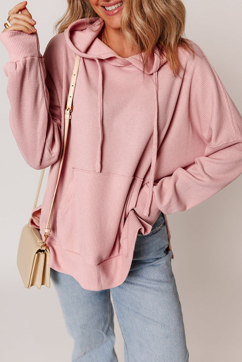 Relaxed Textured Waffle Knit Kangaroo Pocket Hoodie