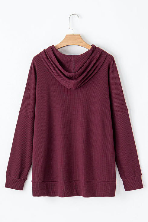 Relaxed Textured Waffle Knit Kangaroo Pocket Hoodie