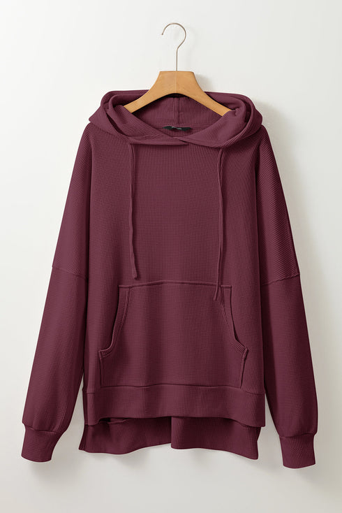 Relaxed Textured Waffle Knit Kangaroo Pocket Hoodie