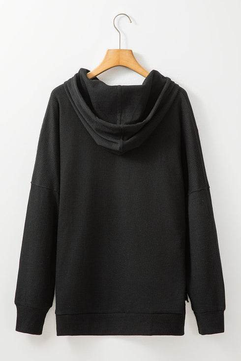 Relaxed Textured Waffle Knit Kangaroo Pocket Hoodie