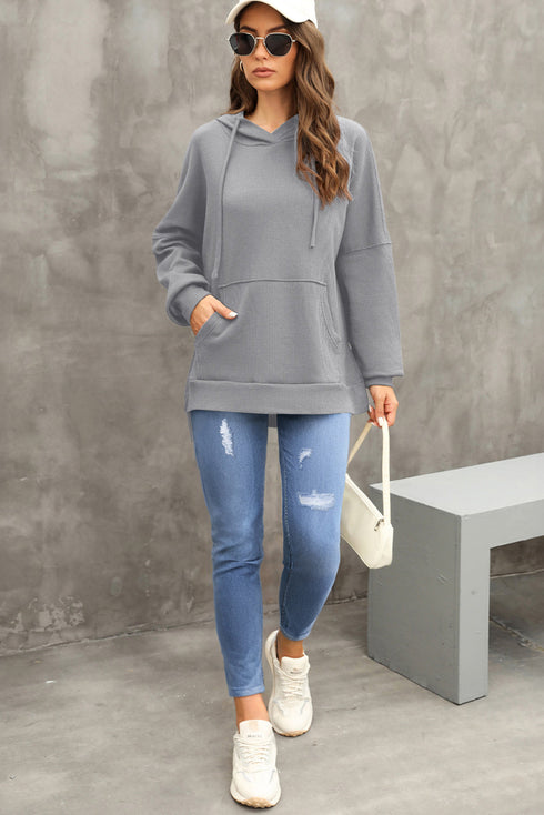 Relaxed Textured Waffle Knit Kangaroo Pocket Hoodie