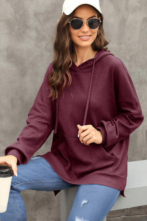 Relaxed Textured Waffle Knit Kangaroo Pocket Hoodie