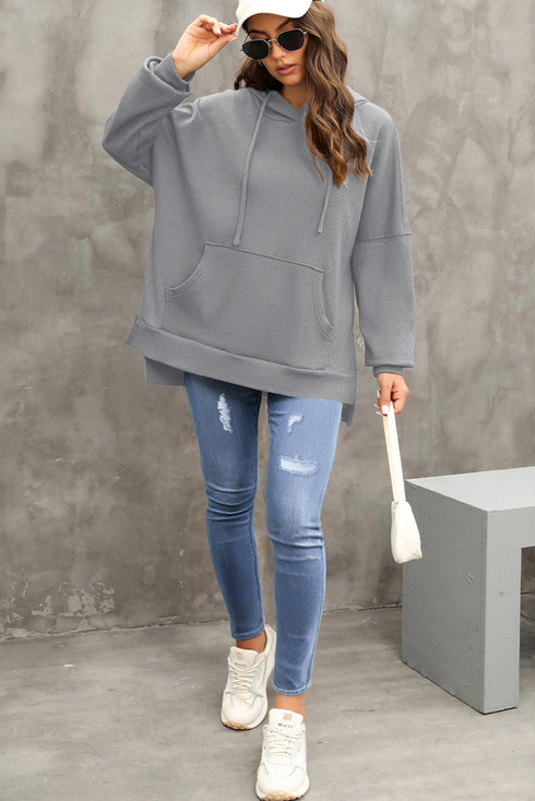Relaxed Textured Waffle Knit Kangaroo Pocket Hoodie