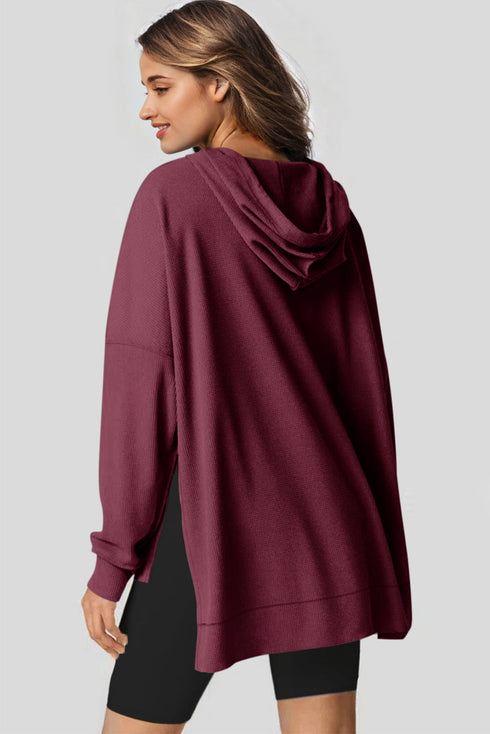 Relaxed Textured Waffle Knit Kangaroo Pocket Hoodie