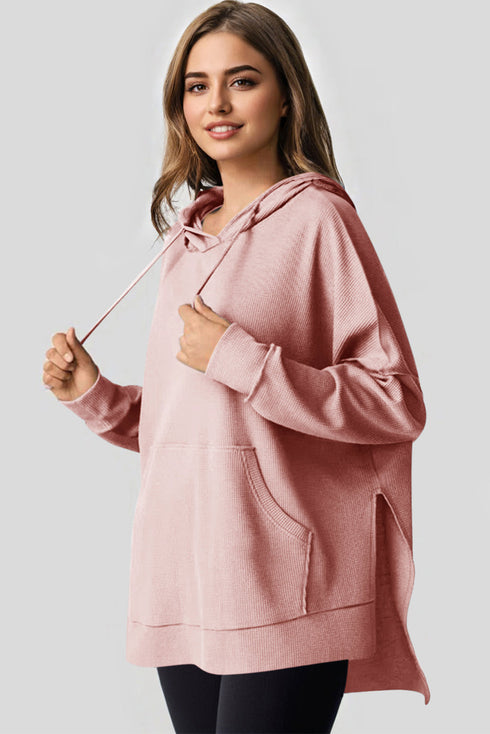 Relaxed Textured Waffle Knit Kangaroo Pocket Hoodie