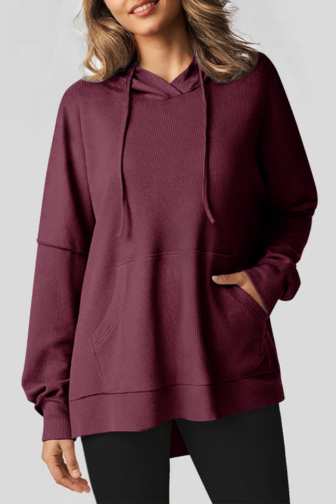 Relaxed Textured Waffle Knit Kangaroo Pocket Hoodie