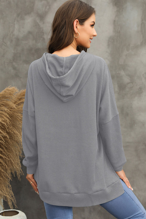 Relaxed Textured Waffle Knit Kangaroo Pocket Hoodie