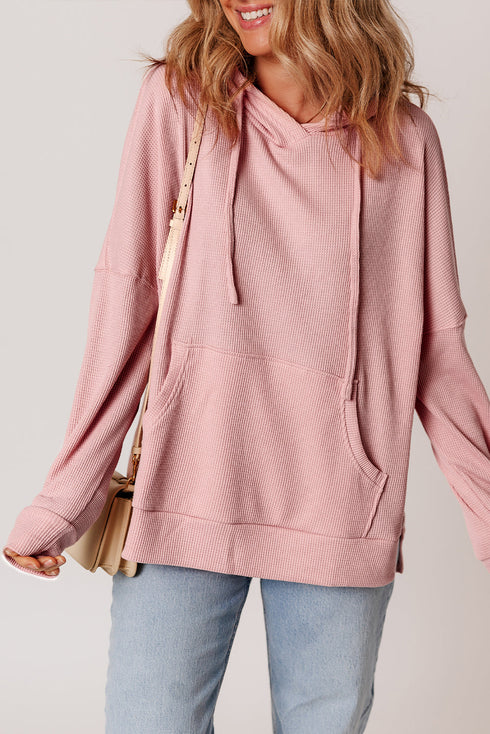 Relaxed Textured Waffle Knit Kangaroo Pocket Hoodie