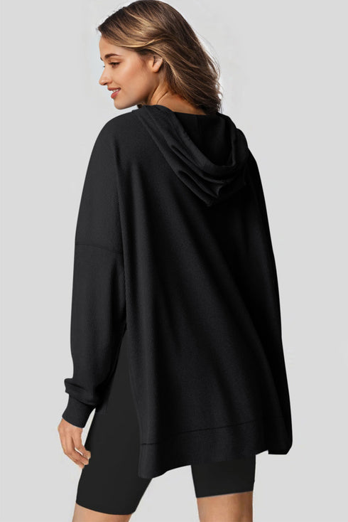 Relaxed Textured Waffle Knit Kangaroo Pocket Hoodie