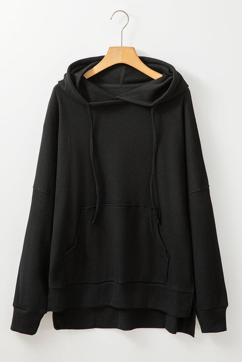 Relaxed Textured Waffle Knit Kangaroo Pocket Hoodie