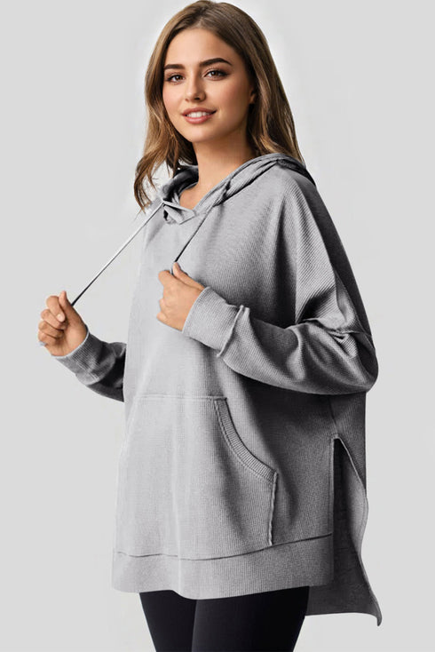 Relaxed Textured Waffle Knit Kangaroo Pocket Hoodie