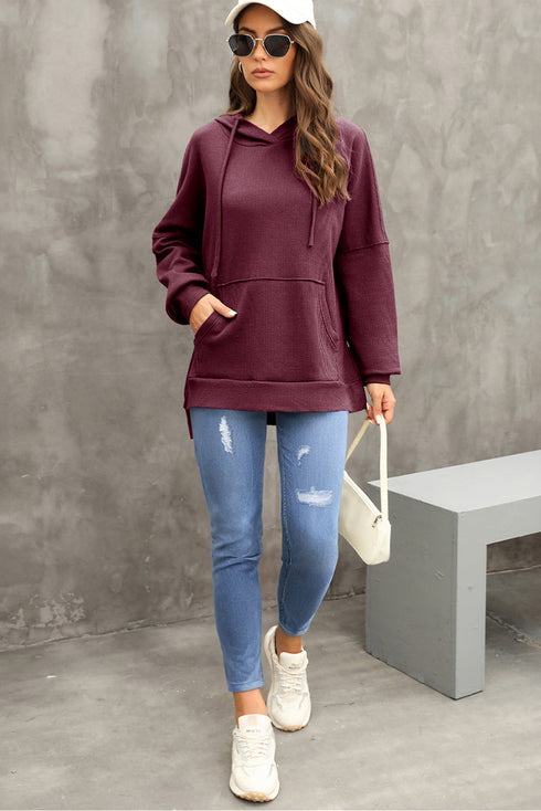Relaxed Textured Waffle Knit Kangaroo Pocket Hoodie