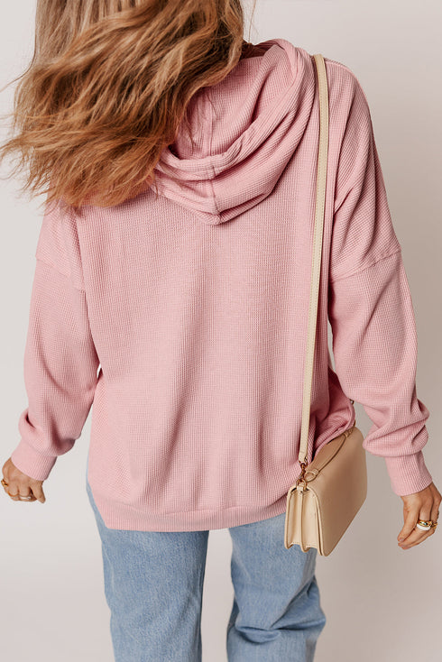 Relaxed Textured Waffle Knit Kangaroo Pocket Hoodie