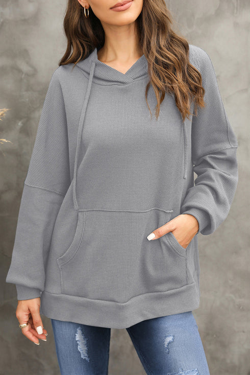 Relaxed Textured Waffle Knit Kangaroo Pocket Hoodie
