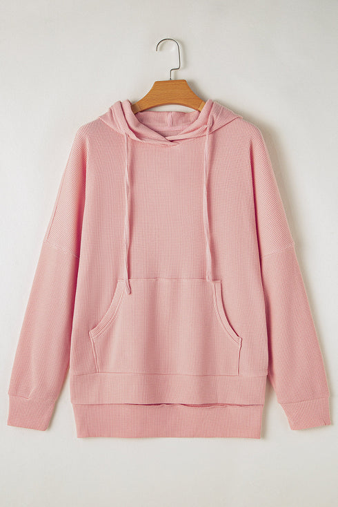 Relaxed Textured Waffle Knit Kangaroo Pocket Hoodie