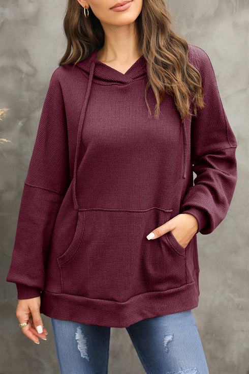 Relaxed Textured Waffle Knit Kangaroo Pocket Hoodie